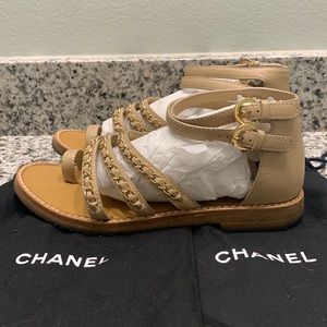 Chanel Chain Sandals, Nude/Tan, size 38 1/2
